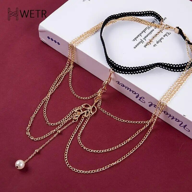 Trendy Female Gold/Silver Metal Chain Multilayer Leg Chain For Women Body Jewelry Bohemian Hollow Leaf Pearl Pendant Thigh Chain