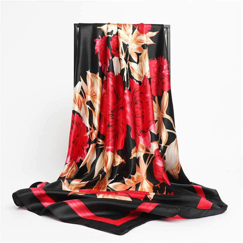 Атласный Шелковый квадратный шарф с цветочным принтом для женщин, роскошный хиджаб, бандана, повязка на голову, шаль, сумка, модный шейный пл...