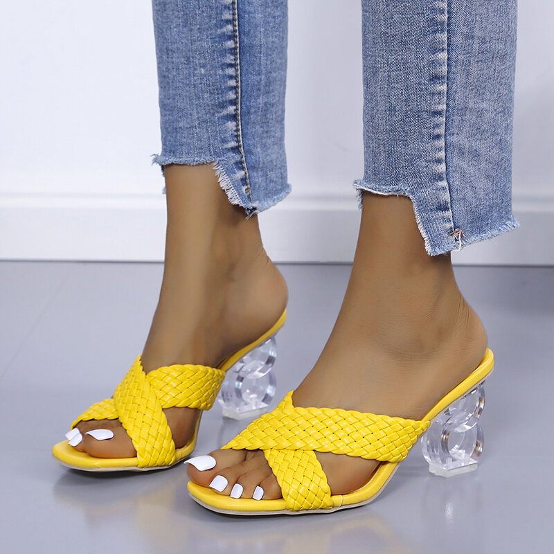Przezroczyste dziwne wysokie sandały na obcasie damskie lato 2021 Plus rozmiar splot klapki damskie moda żółty z wystającym palcem slajdy