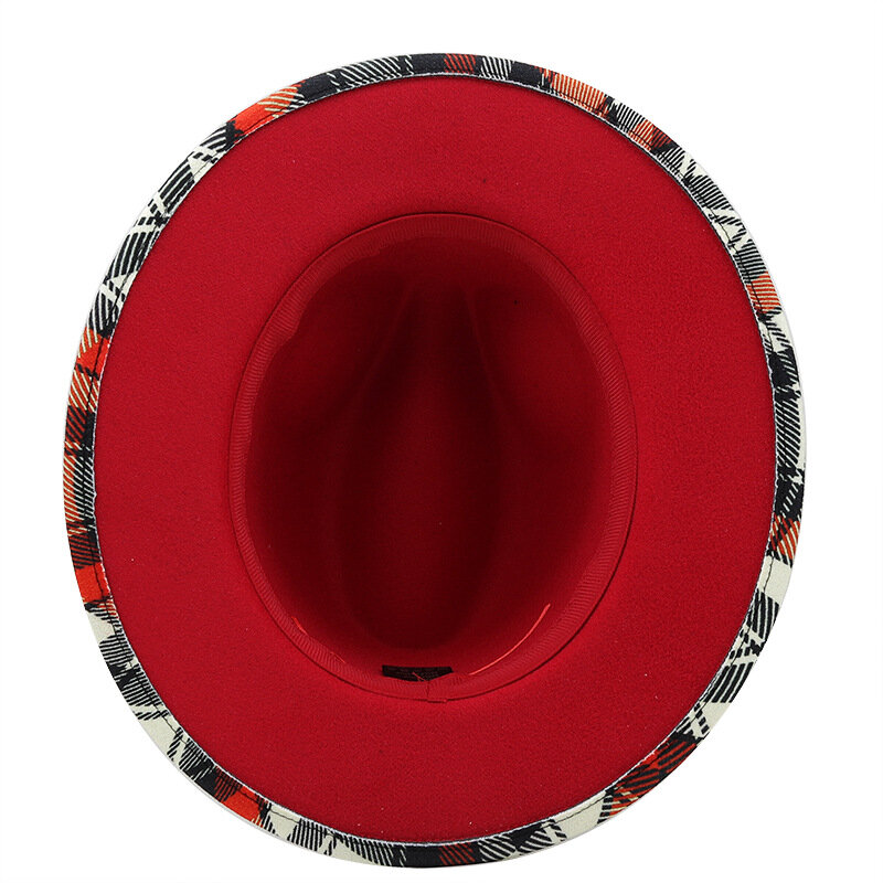 QBHAT-sombrero Fedora De Jazz con estampado a cuadros para Mujer, sombrero De ala ancha elegante, sombrero De boda, iglesia, fondo rojo