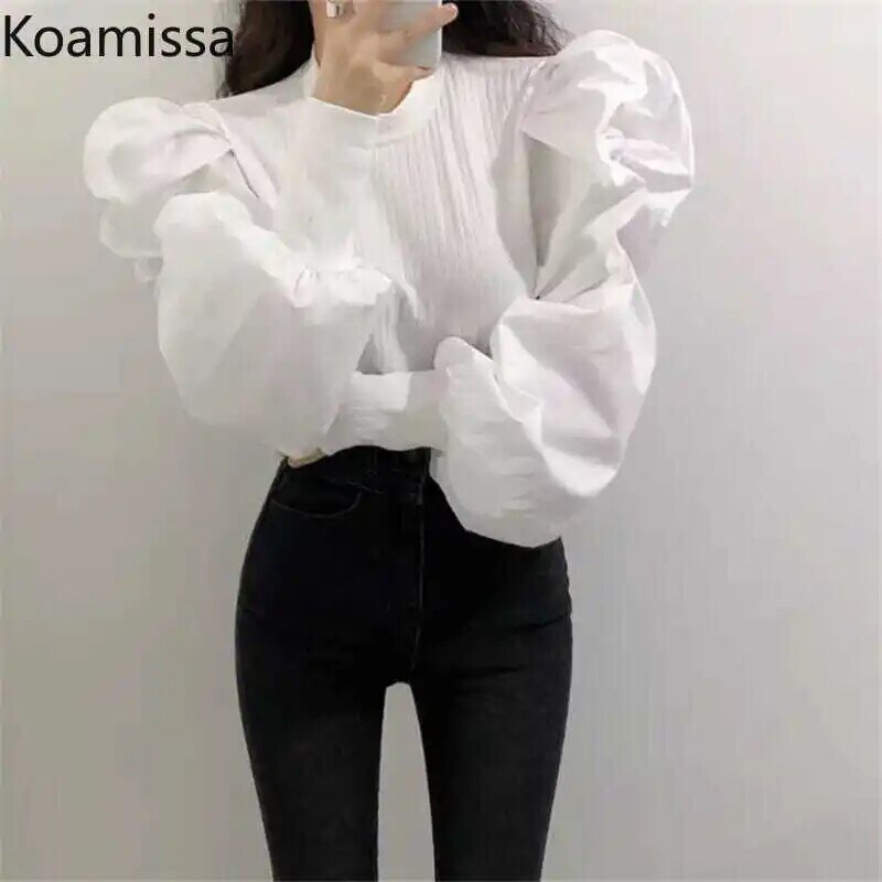 Koamissa primavera outono feminino puxar mangas compridas blusa o pescoço senhora sólida moda manga sopro camisa coreana 2022 magro outwear camisa
