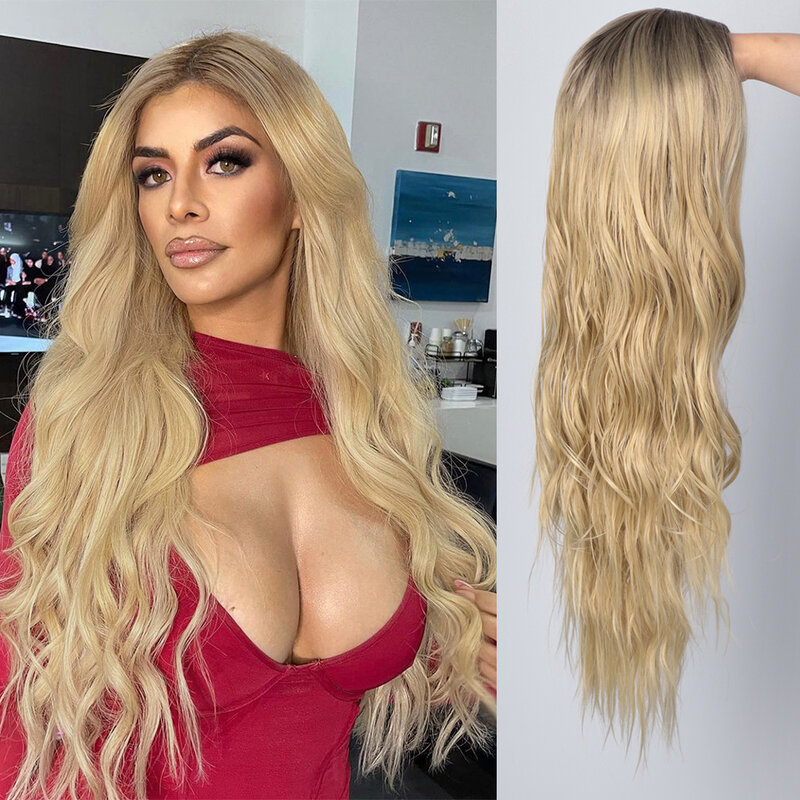 KooKaStyle Synthetic Wigs Ombre Blonde Long Wavy Wigs for Black Women Red Grey Cosplay Wigs for Women Heat Resistant Hair