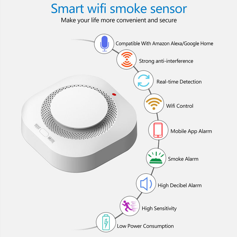 Датчик дыма Tuya Wi-Fi для умного дома, детектор дыма, пожарная сигнализация, работает с приложением Alexa Google Home