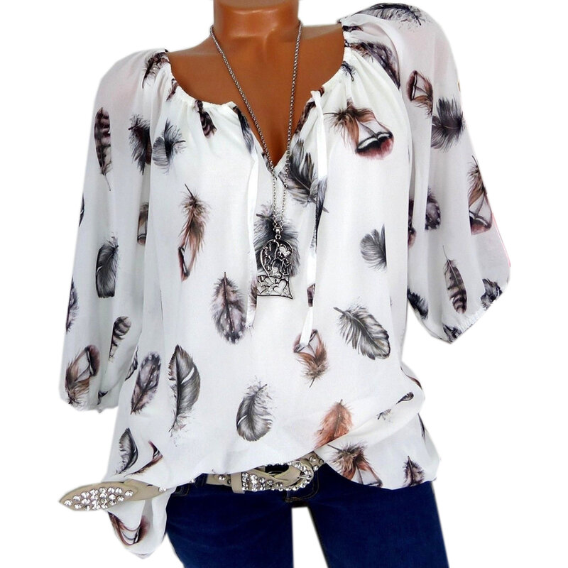 Blusas de mujer talla grande 5XL, tops de verano, ocio, blancas y holgadas con estampado de plumas, cuello en V, camisas de media manga, novedad