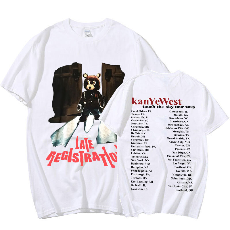 Vintage 2005 Kanye West การลงทะเบียนล่าช้าทัวร์เสื้อยืดกราฟิก Tees Hip Hop Harajuku Tops Unisex เสื้อยืดชาย Streetwear