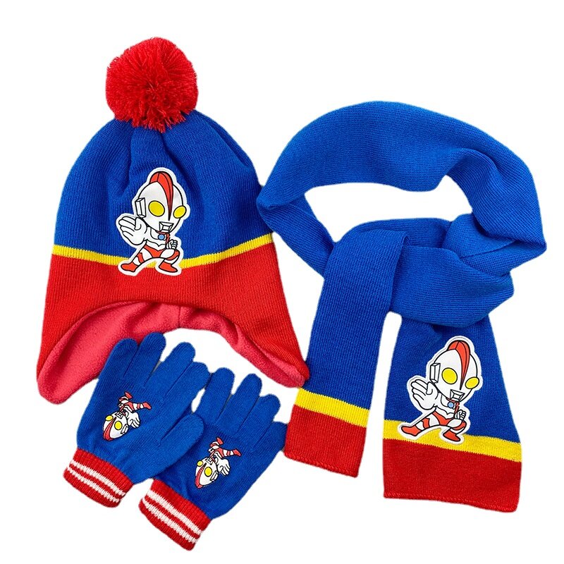 Bandai-Sombrero de lana suave para niños de 7 a 12 años, traje cálido de tres piezas, bufanda, guantes, sombrero de Ultraman para invierno