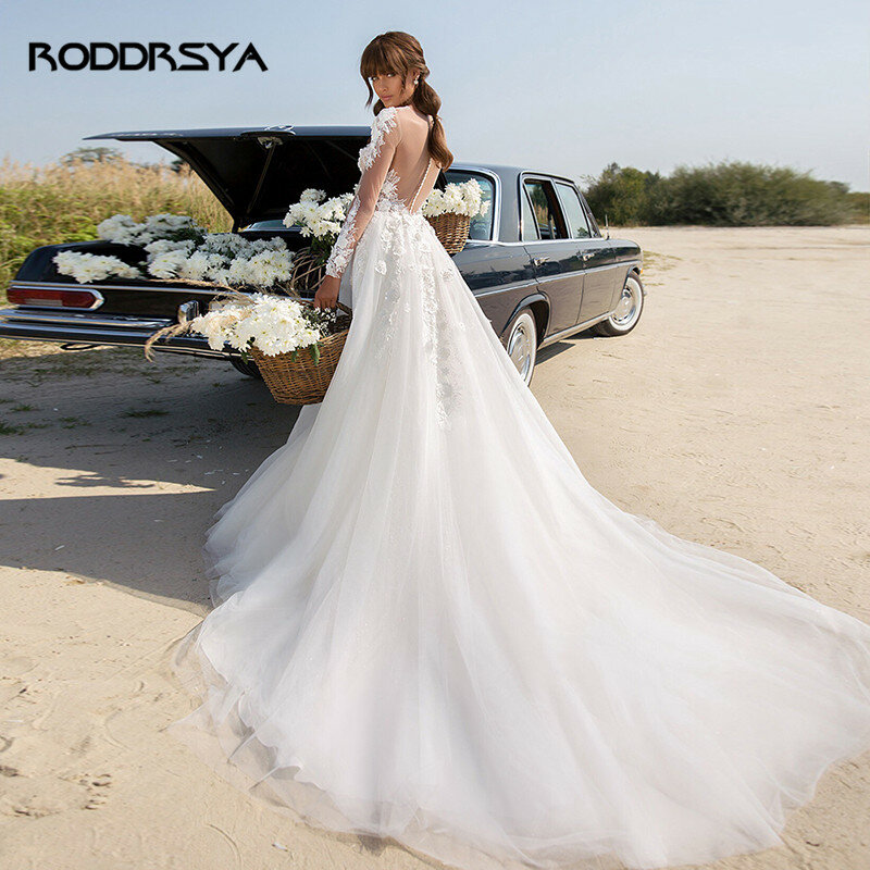 Свадебное платье в стиле бохо RODDRSYA, Кружевная аппликация с глубоким круглым вырезом, полные рукава, иллюзия, пуговицы сзади, наряд для невес...
