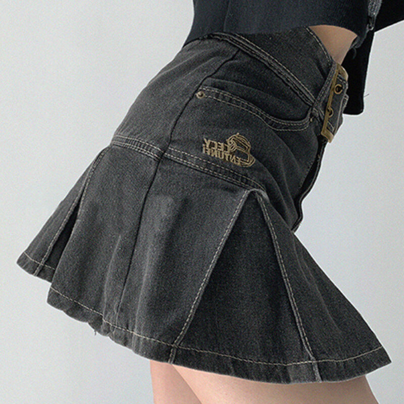 New Summer Denim Short Skirt Women Retro Sexy High Waist A-line Belt Pleated Skirts Korean Ladies Fashion Hot Girl Style Skirt