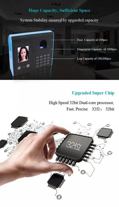 Reloj biométrico de huellas dactilares, máquina de asistencia de reconocimiento facial, pantalla LCD TFT, USB, sistema de asistencia de huellas dactilares