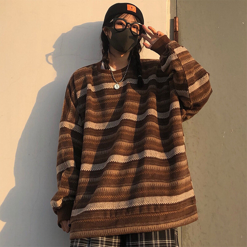DAYIFUN Knit Pullovers Women Autumn Retro Striped Oversize Sweaters Hip Pop Ulzzang Unisex Sweater Japanese Jumpers Couples Tops