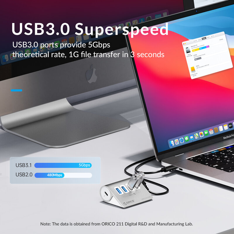 ORICO – Mini HUB USB 3.0, nouveau Design, haute qualité, haute vitesse, en aluminium, 4 ports, avec câble de données (M3H4)
