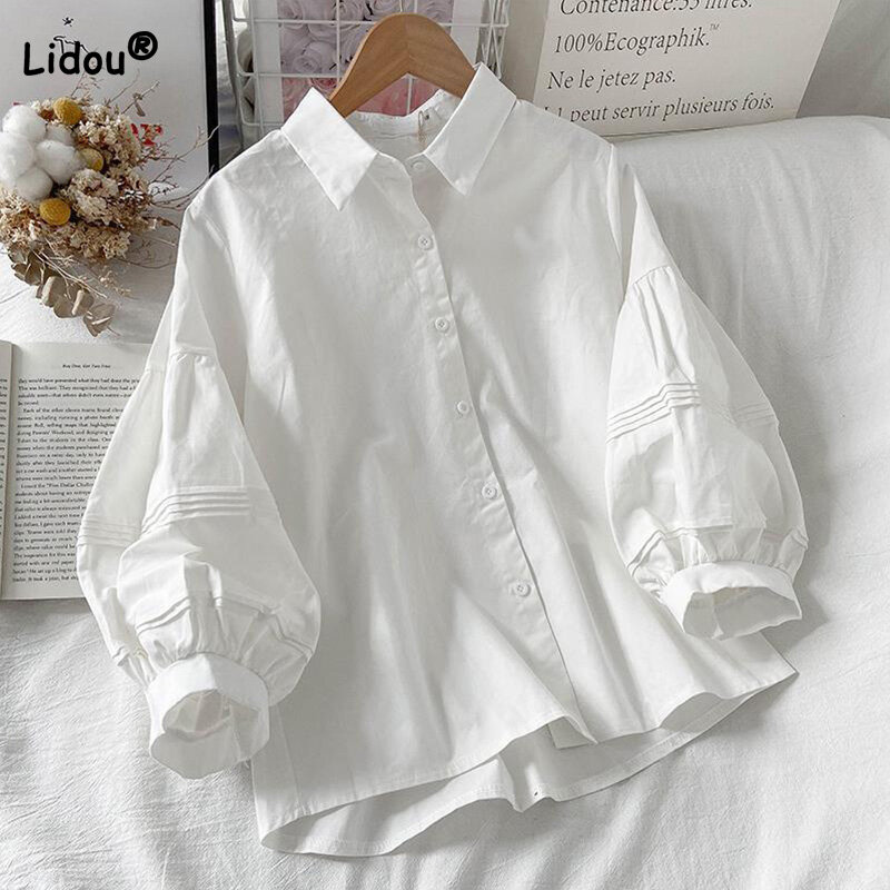 Roupas femininas 2022 primavera escritório senhora polo-pescoço botão retalhos manga longa moda puff manga all-match solto camisa branca