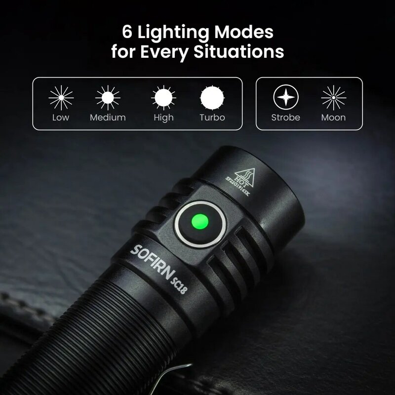 Sofirn SC18 1800lm EDC torcia USB C ricaricabile SST40 LED 18650 torcia TIR ottica lente lanterna con indicatore di alimentazione