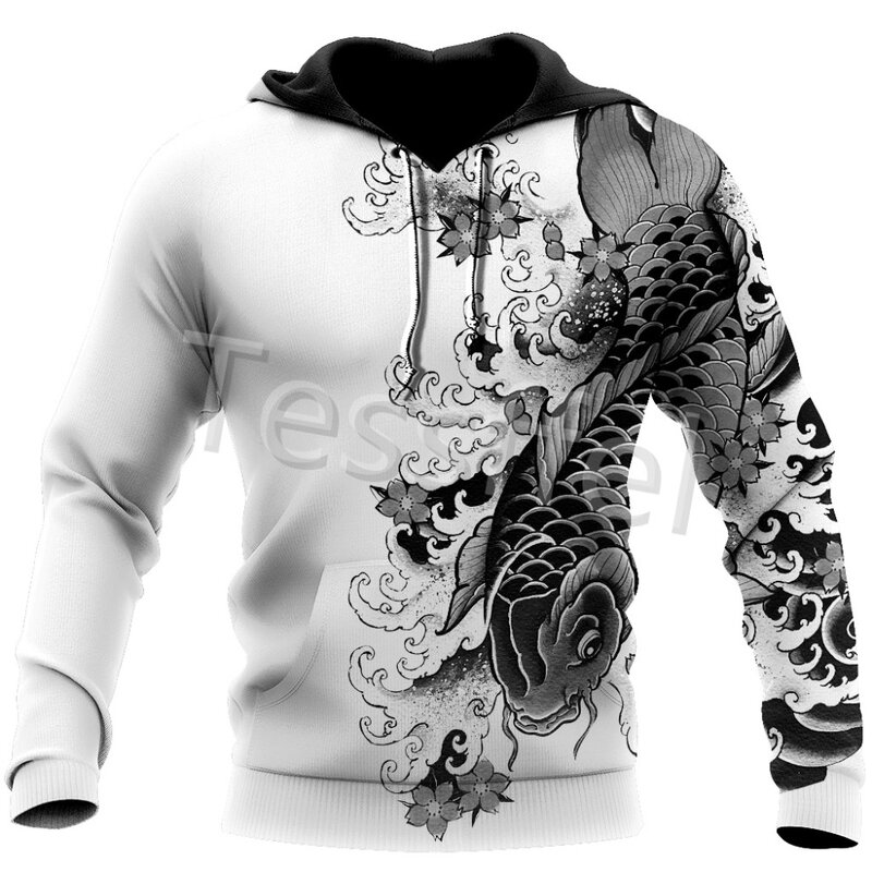 2022 Sweter Bertudung Pria Cetak 3D Gambar Naga Tato Hitam dan Putih Uniseks Streetwear Ritsleting Pullover Jaket Pakaian Olahraga Kasual