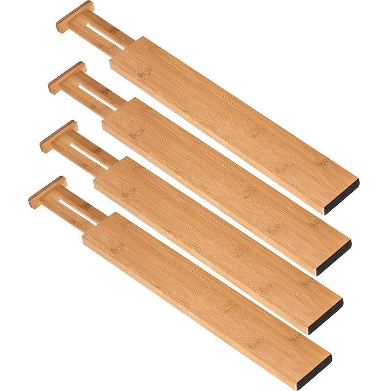 Separadores de cajones de cocina, organizadores ajustables de bambú con resorte de almacenamiento para cajones de cocina, aparador, 4 piezas (12,79 "-16,73")