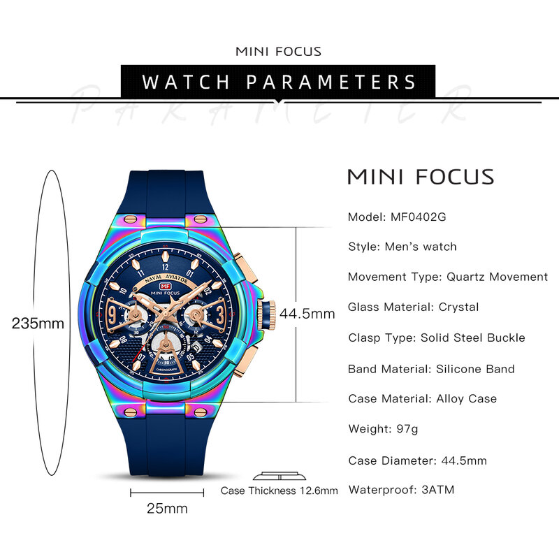 Многофункциональные спортивные часы MINI FOCUS для мужчин, кварцевые наручные часы, роскошный силиконовый ремешок, модные радужные мужские час...