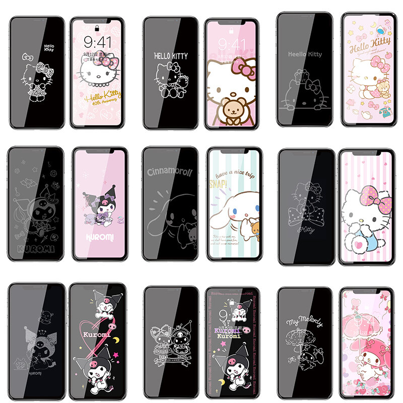 Sanrio Kuromi Mymelody Hellokt-Protector de pantalla con dibujos de animales, cristal templado para iPhone 13 12 11 X Xs Max Xr Pro Max