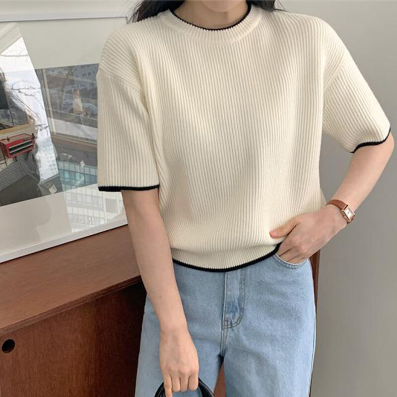 Women Clothing Green Vintage Simplicity Knitting Sweater Round Neck Short Sleeve Casual Korean Fashion Baggy Ladies Tops Summer