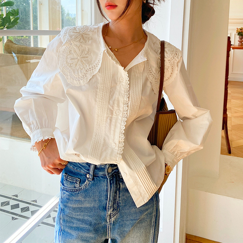 2023 Spring Puff Sleeve White Shirts Women Blouses Doll Collar Wrinkle Long-sleeved Doll Collar Clothing Beaded Lapel Shirt Tops