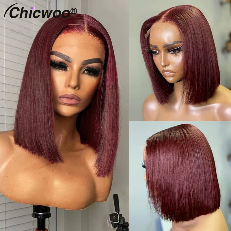 Perruque Bob Lace Front Wig naturelle lisse et courte, cheveux humains, brun rougeâtre, 99J, noir naturel, 13x4, pre-plucked, pour femmes