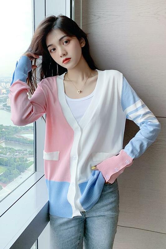 Petit cardigan ample en tricot à rayures de couleur pour femme, patchwork de début d'automne, nouvelle version coréenne étudiante, 2022, 100