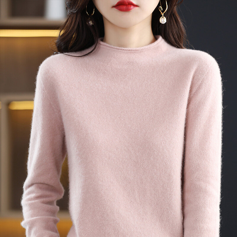 Suéter de Cuello medio alto con dobladillo para mujer, jersey de lana pura de primera línea listo para usar, Otoño/Invierno