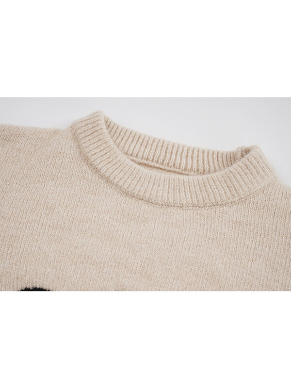 Sweter Pullover Rajutan Longgar Lengan Panjang Longgar Warna Kontras Motif Bunga Vintage Crew Neck Wanita Musim Gugur Musim Dingin