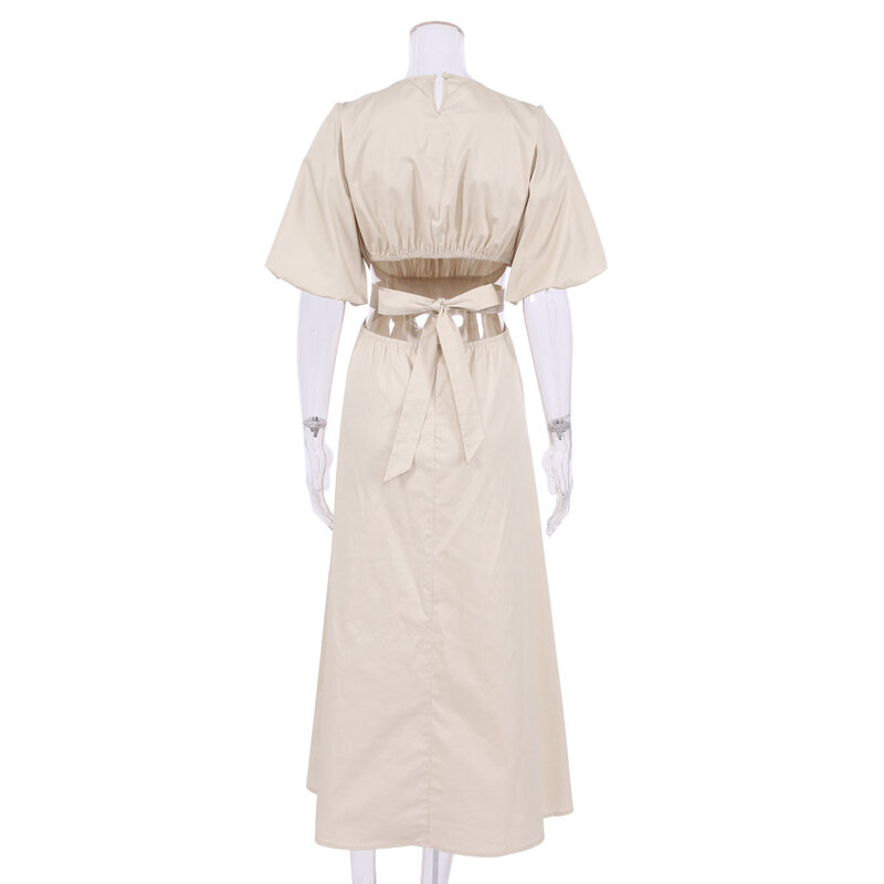 Женское ажурное платье с коротким рукавом, плиссированное длинное платье с круглым вырезом и короткими рукавами-пузырями, лето 2022