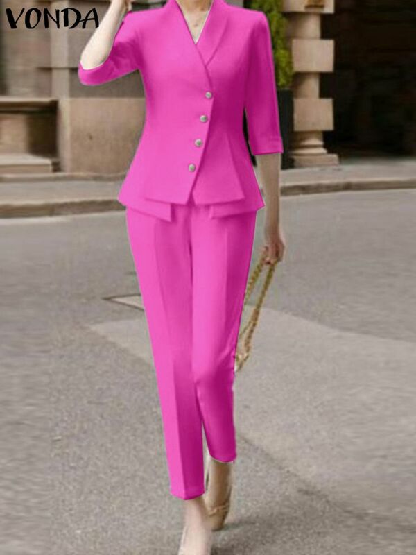 Biuro Pant ustawia VONDA 2022 elegancki Fashion Party długie spodnie garnitury kobiety 3/4 rękaw Lapel przycisk płaszcze garnitur formalne zestawy