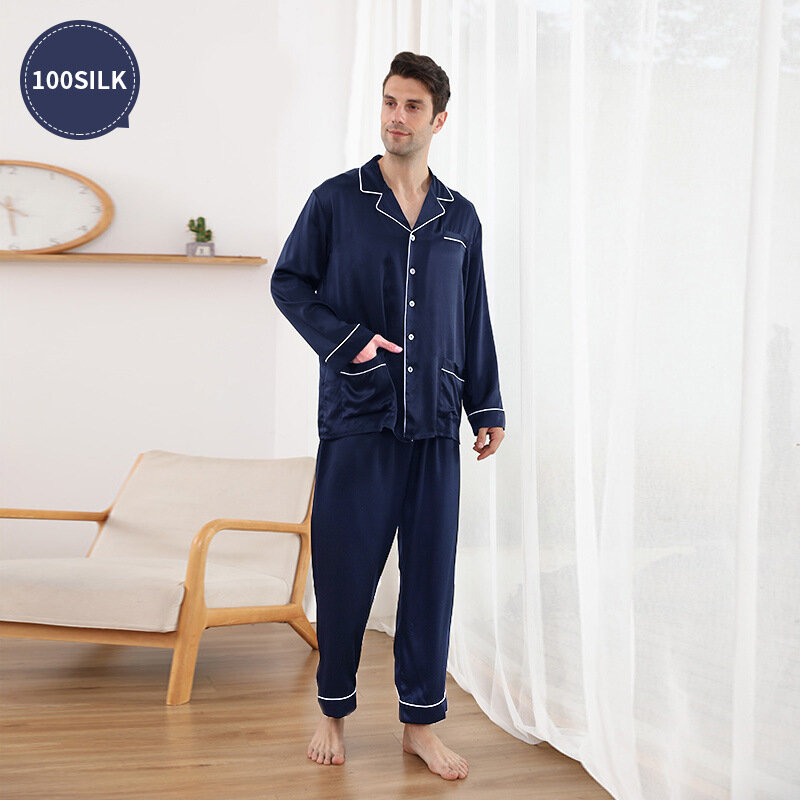 22 mm new style thicker silk pajamas men's 100% mulberry silk long-sleeved trousers set home sleepwear
