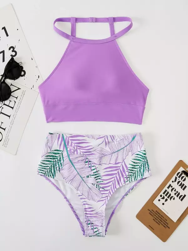 Maillot de bain deux pièces imprimé, violet clair, taille haute, col haut, pour femmes, vêtements pour la plage, tendance 2022