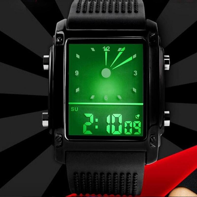 ผู้ชายสแควร์แบบ Dual Time Day นาฬิกาปลุกที่มีสีสัน LED กีฬานาฬิกาข้อมือ