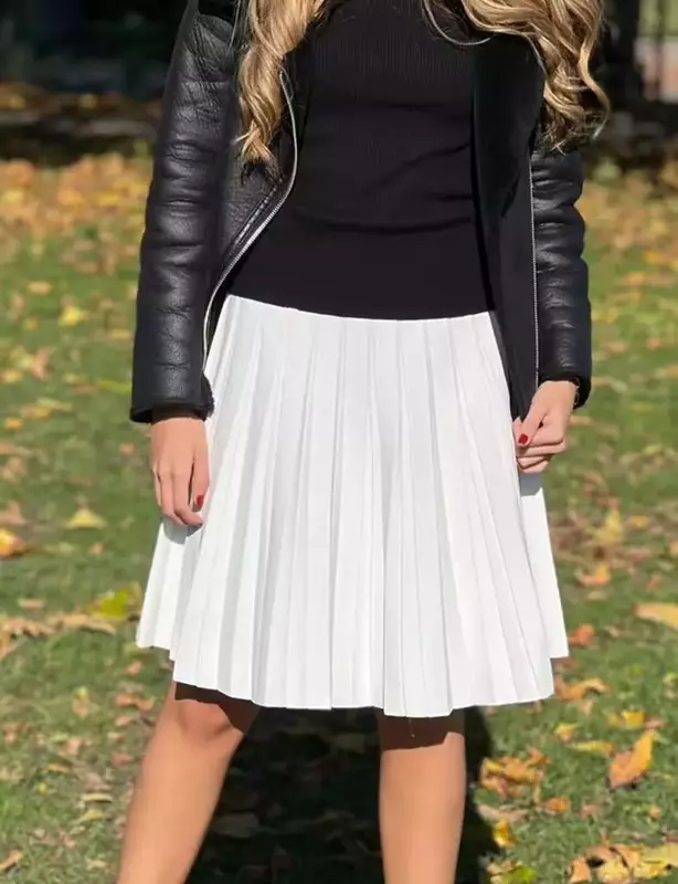 Faldas plisadas de punto para mujer, a la moda de cintura alta Vestido de punto, falda clásica femenina de Color sólido