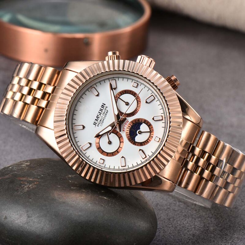 Nowe oryginalne zegarki marki dla mężczyzn wielofunkcyjny chronograf faza księżyca stalowy zegarek kwarcowy biznes automatyczna data zegary AAA