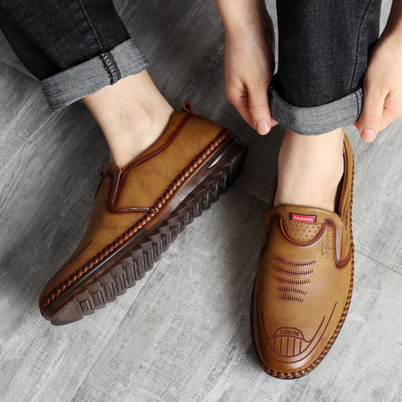 Sepatu kasual untuk pria kulit Pu sepatu kets pantofel musim panas bersirkulasi sol lembut datar bisnis Non selip sepatu Fashion
