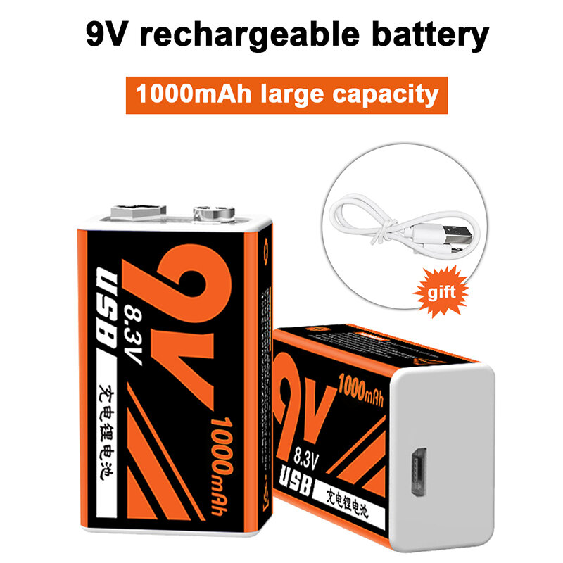 Batterie Li-ion Rechargeable 9V, 1000mAh, Micro USB, pour détecteur de métaux, modèle hélicoptère RC, Microphone, jouet, télécommande
