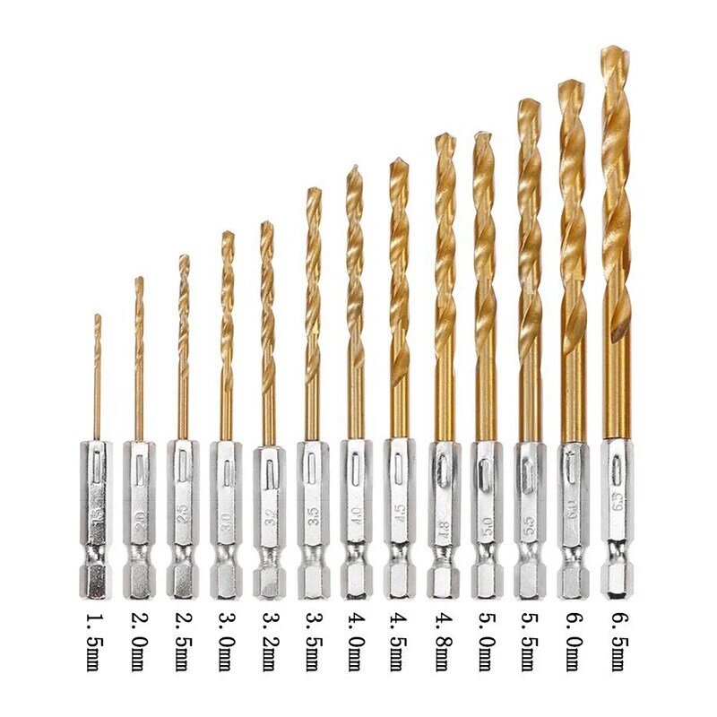 13 pces 1.5-6.5mm hex haste bit conjunto para perfuração de madeira, aço, metal, plástico de alta qualidade hss titânio ferramentas de brocas de impacto