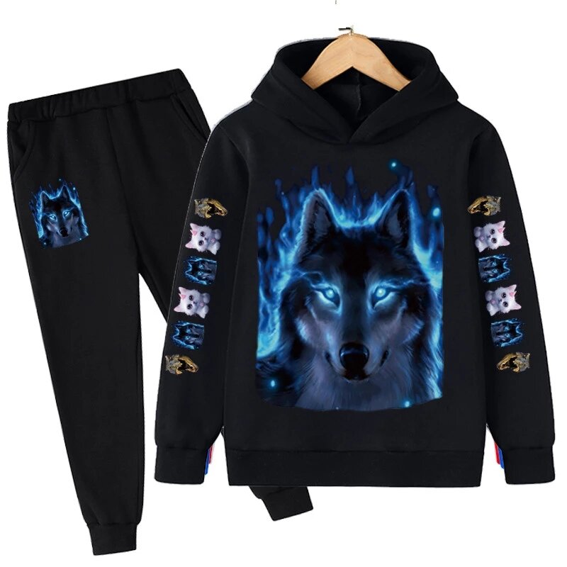 2022 Anime Wolf New Printed Children's Hooded Sweater Suit Autumn and Winter Children's Blue-eyed Wolf Anime Children's Sportswe