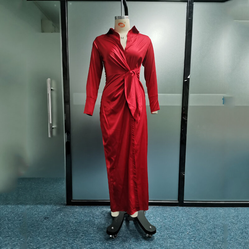 Ellafads Women Dress Casual Elegant Solid Lapel V Neck Long Sleeve Tie Up Pleated Slit Satin Dresses High Streetwear