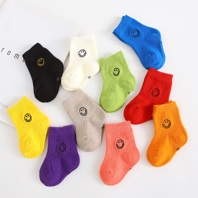 New Baby Cotton Kids Socks Solid Color Cute Smiley Summer Breathable Children Long Tube Socks Boys Girls Sports Socks for 0-6yrs