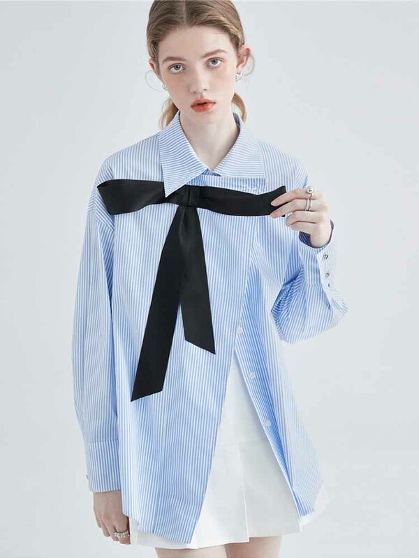 Yitimuceng arco blusa feminina botão acima da camisa das senhoras topos casuais 2022 moda solta turn-down colarinho listrado coberto botão branco