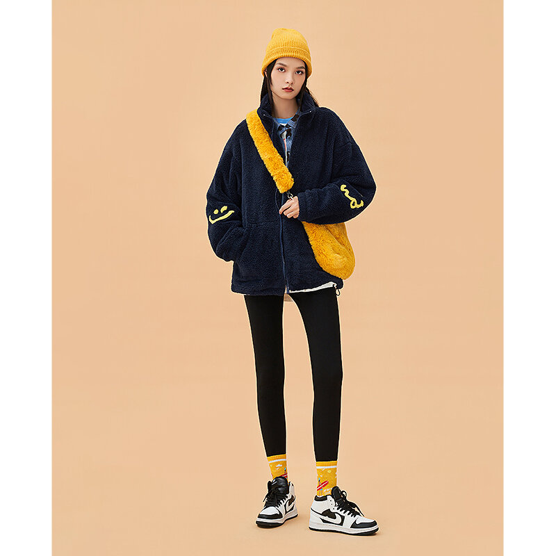 Toyouth donna cappotto spesso in pile 2022 inverno manica lunga colletto alla coreana giacca allentata stampa viso sorridente caldo capispalla Casual top