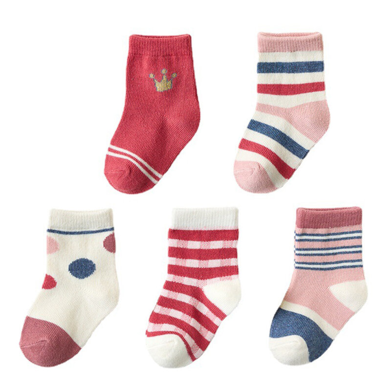 5 Pairs Spring Autumn Children's Medium Tube Socks Baby Unisex Casual Geometric Socks 1-12Y Sweet Kids Cotton Accessories