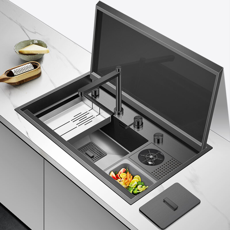 أسود بالوعة المطبخ الذكية نانو حوض الفولاذ المقاوم للصدأ متعددة الوظائف مع كوب Washe مع حاوية القمامة Sinkr