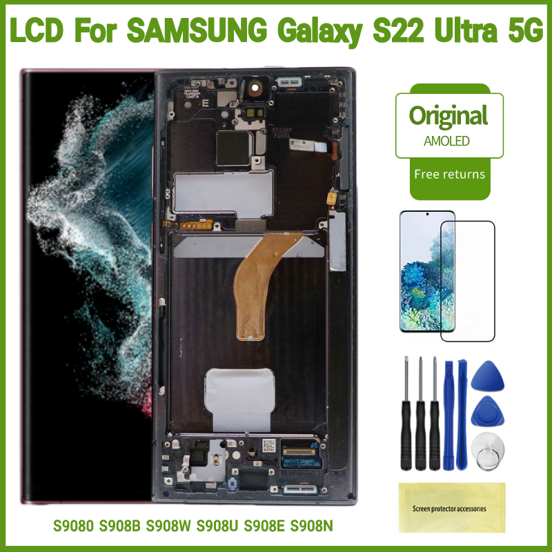 Original S22 Ultra AMOLED Für Samsung Galaxy S22 Ultra 5G LCD Bildschirm S908B S908U S908E S908W Touchscreen Digitizer ersatz