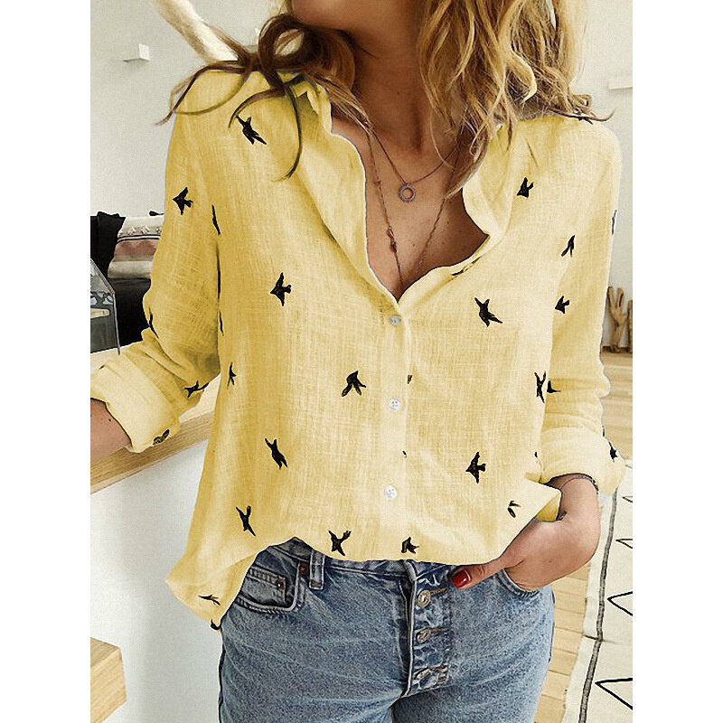 Camisas de linho de algodão elegante feminino botão casual blusas de lapela camisas primavera verão impresso manga longa solta topos túnica