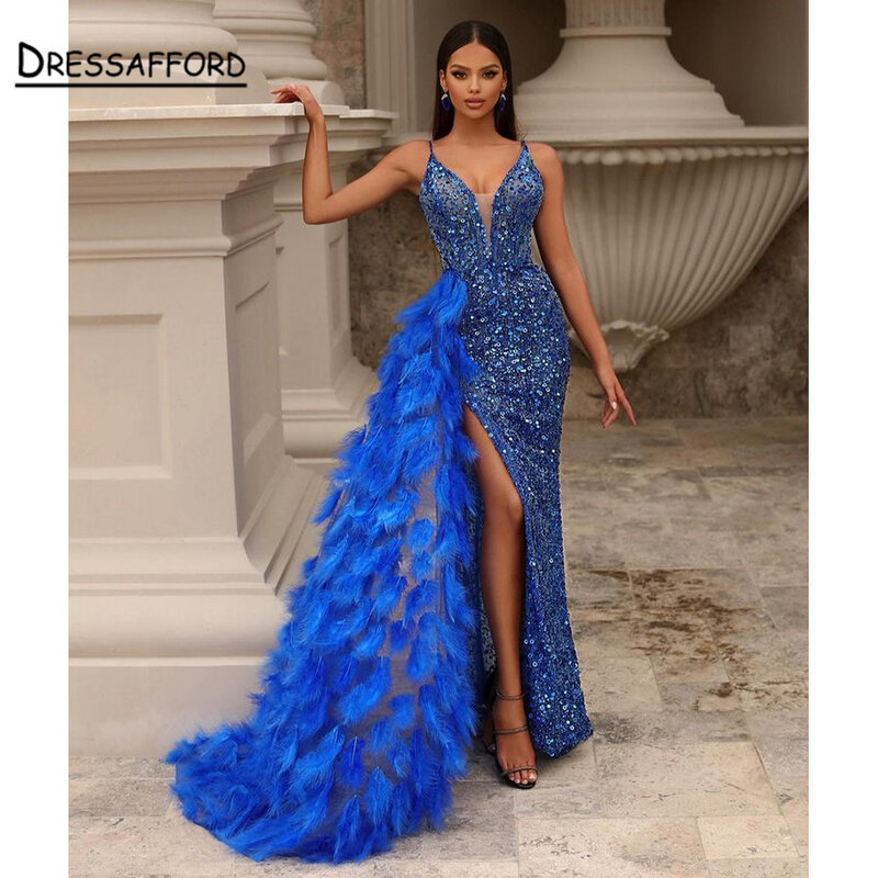 Ostrich Feathers Prom Dress Mermaid  V Neck Evening Gowns 2022 Pageant Dress Custom Made