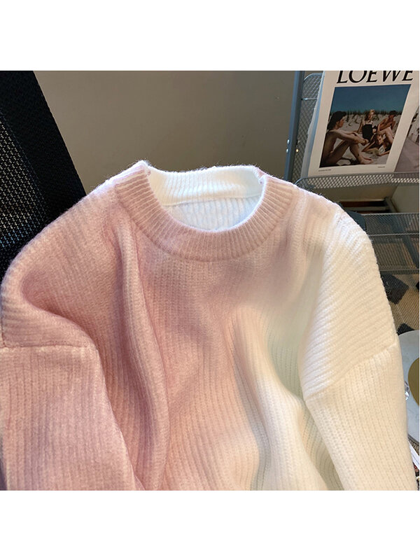 Kobiety jesienno-zimowa nowa załoga szyi Vintage Gradient Harajuku dzianina sweter w stylu Baggy, długa rękaw gruba dzianina sweter sweter