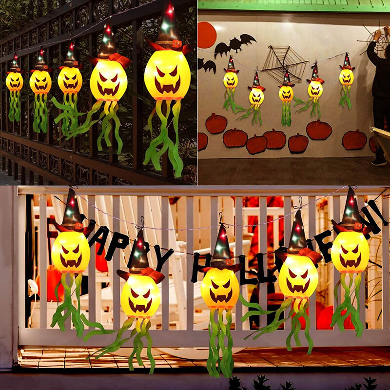 Decoração de halloween abóbora piscando luz led abóboras luzes da corda gypsophila fantasma incandescente chapéu decoração da lâmpada pendurado lanternas