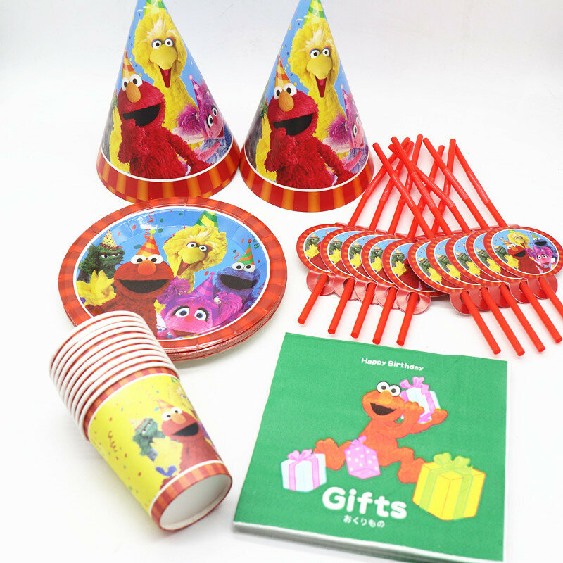 Sesame Street Cartoon Elmo Party Decoration Tableware Paper Cup Plate Straw Hat Baby Shower Balloon Kids Birthday Party Supplies